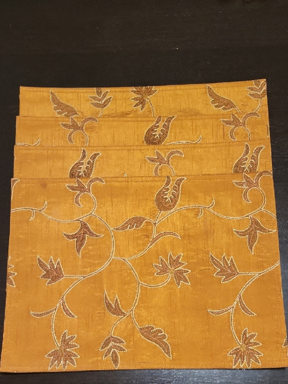 Silk Shantung Embroidered Copper Orange Placemats with Leaf Motif (Set of 4)
